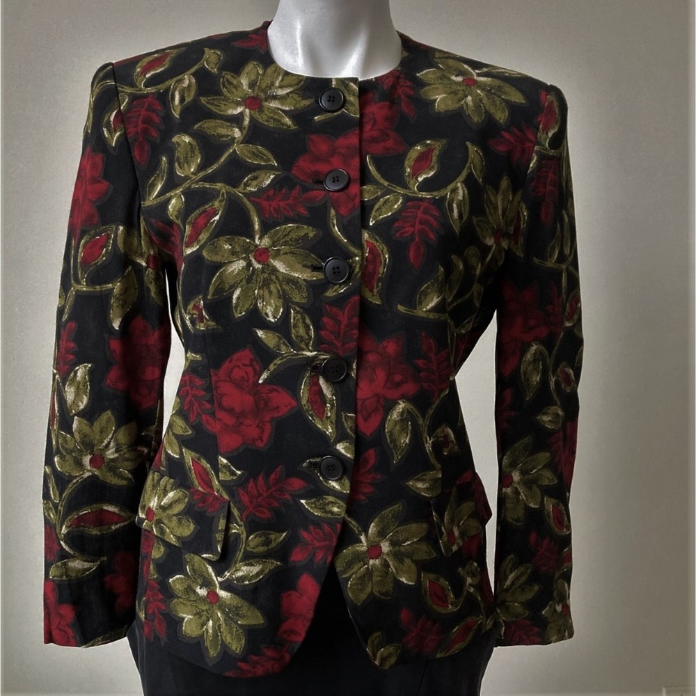 Jones New York Floral Blazer Women Size 8 Collarless Jacket 100% Rayon Vintage